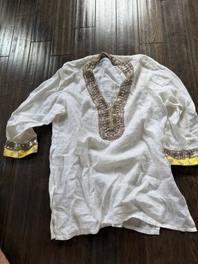 Bindi Metal Embellished White Linen Tunic with Yellow Accent